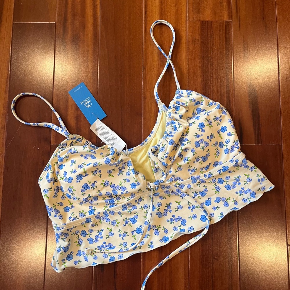 Cupshe Tankini Bikini Top Butter Yellow Blue Floral Tie Ruffle New Size Large